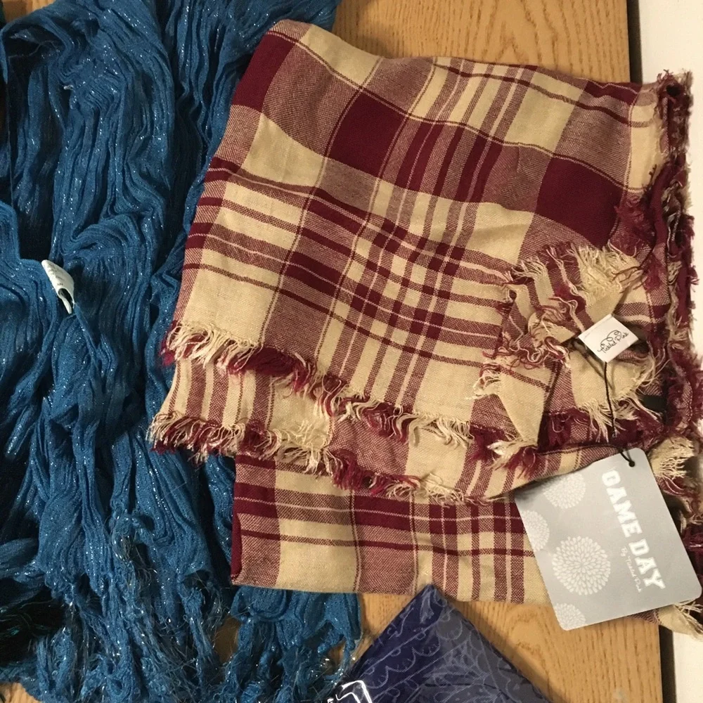 B61 Womens Bundle of 4 Scarves Blues Green Tan Burgundy